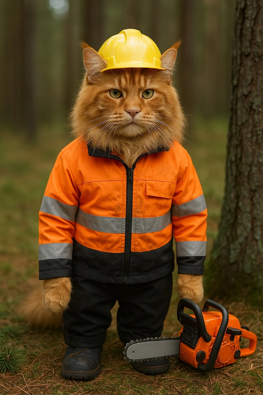 Реалистичный рыжий мейн-кун в спецодежде лесоруба — оранжевой защитной куртке, брюках, бахилах и жёлтой каске — стоит на лесной опушке рядом с миниатюрной безопасной бензопилой