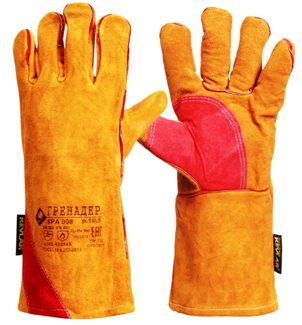 Краги спилковые ГРЕНАДЕР нить Кевлар, оранж. с красной накладкой, дл.36 см,  (КРА008)